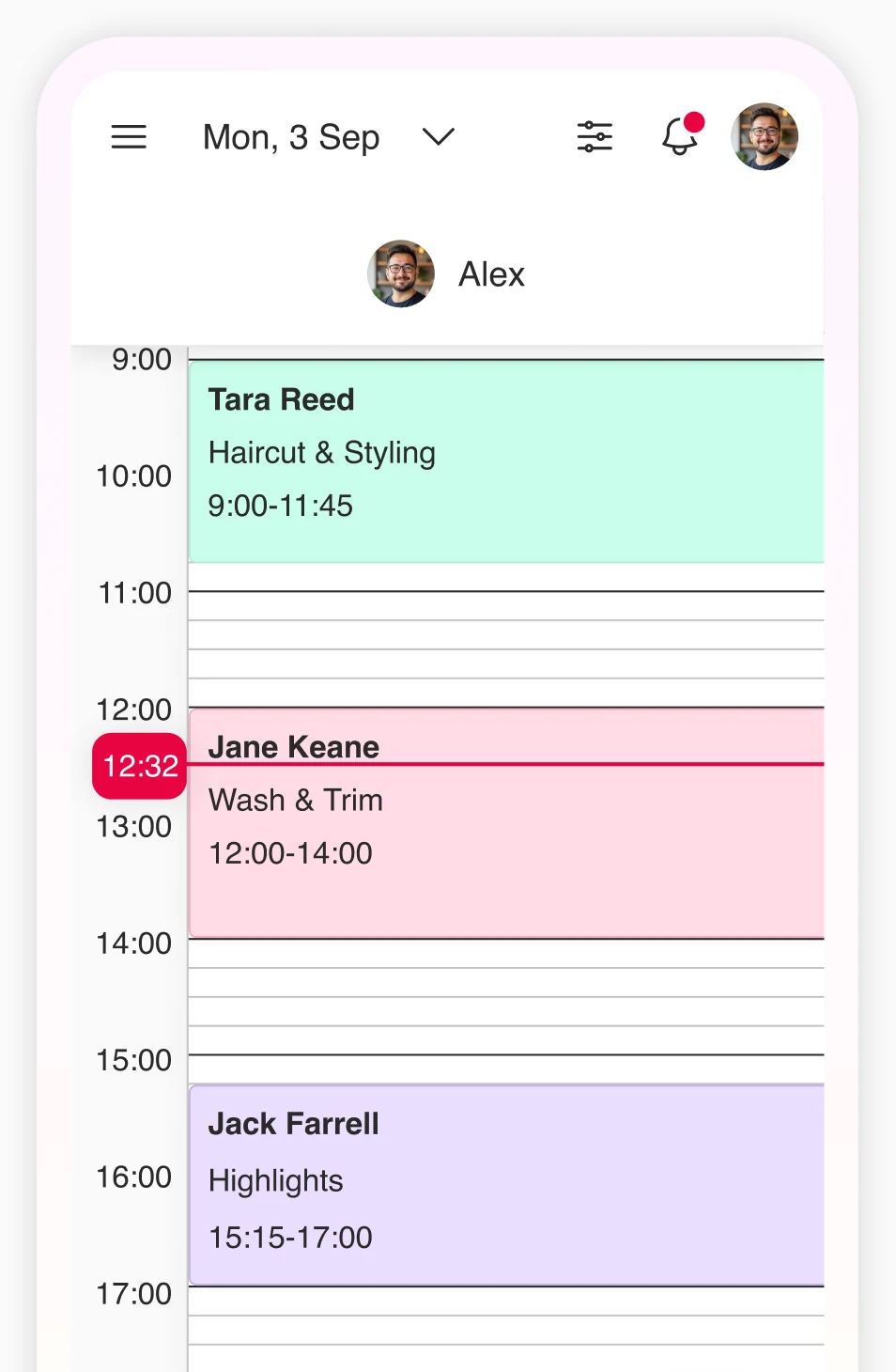 Barespace calendar showing the day's appointments for one stylist