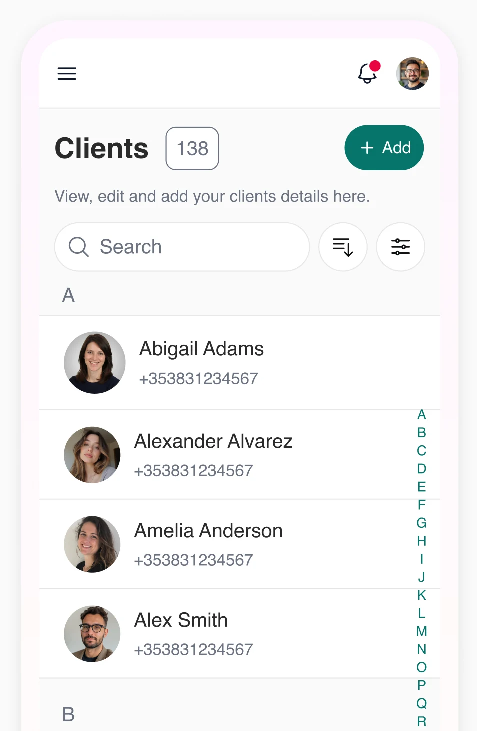 Barespace client list with search, filters and an A–Z index
