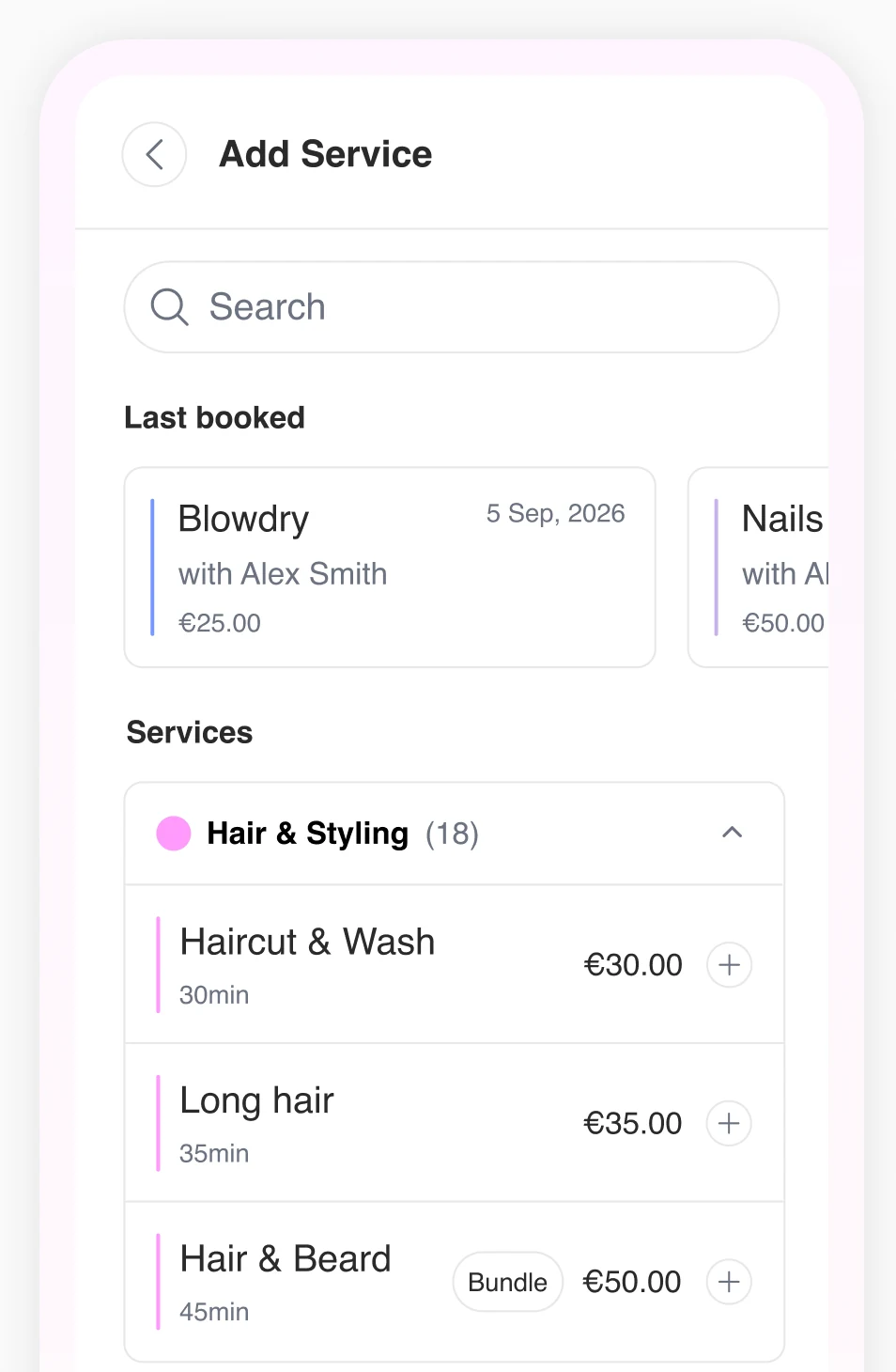 Barespace Add Service screen with last-booked services and the Hair & Styling service menu with prices
